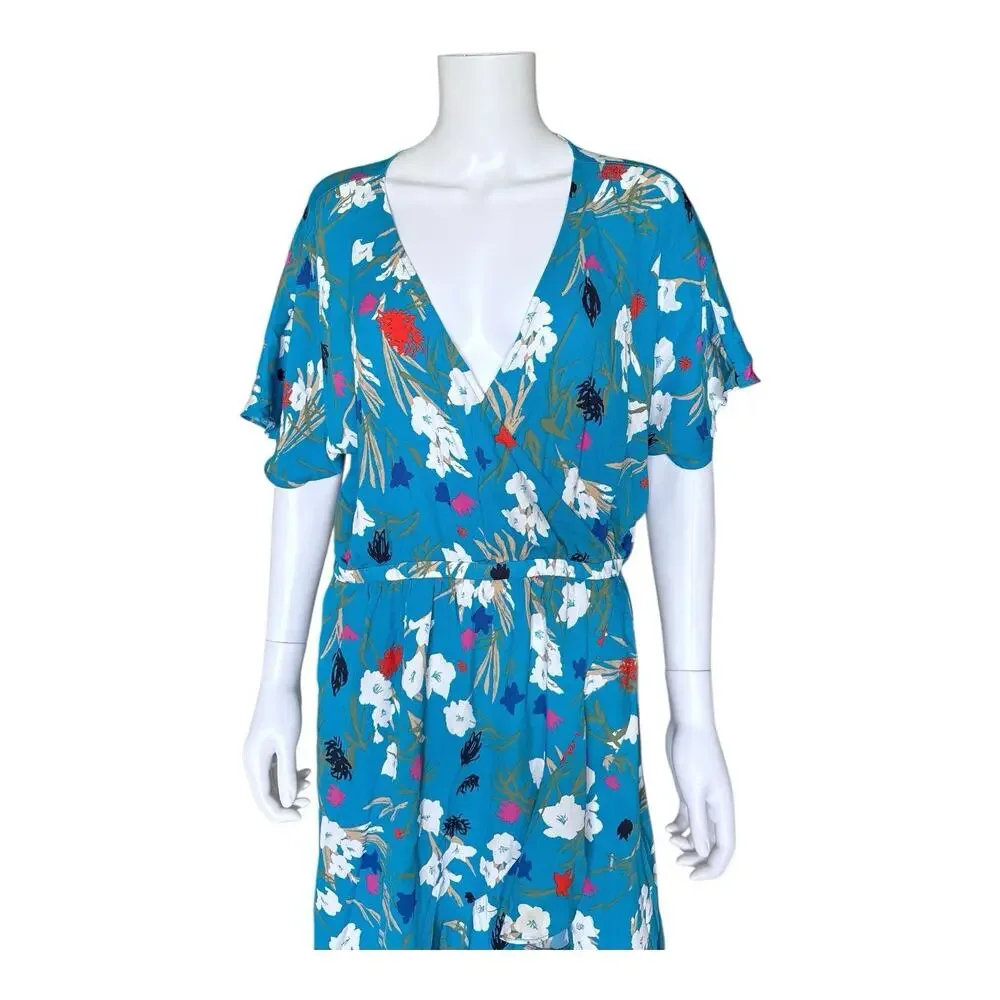 J Crew Mercantile Faux Wrap Midi Dress Womens Large Blue Floral Flutter Sleeve